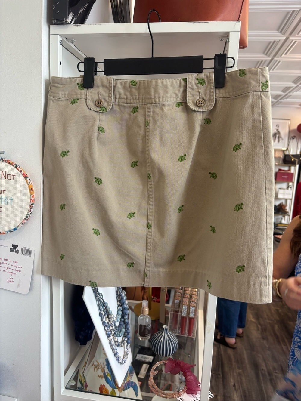 J. Crew Khaki Mini Skirt with Green Turtle Embroidery vintage